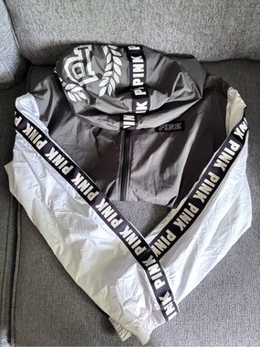 PINK Victoria's Secret Light Gray and White Hooded windbreaker Jacket